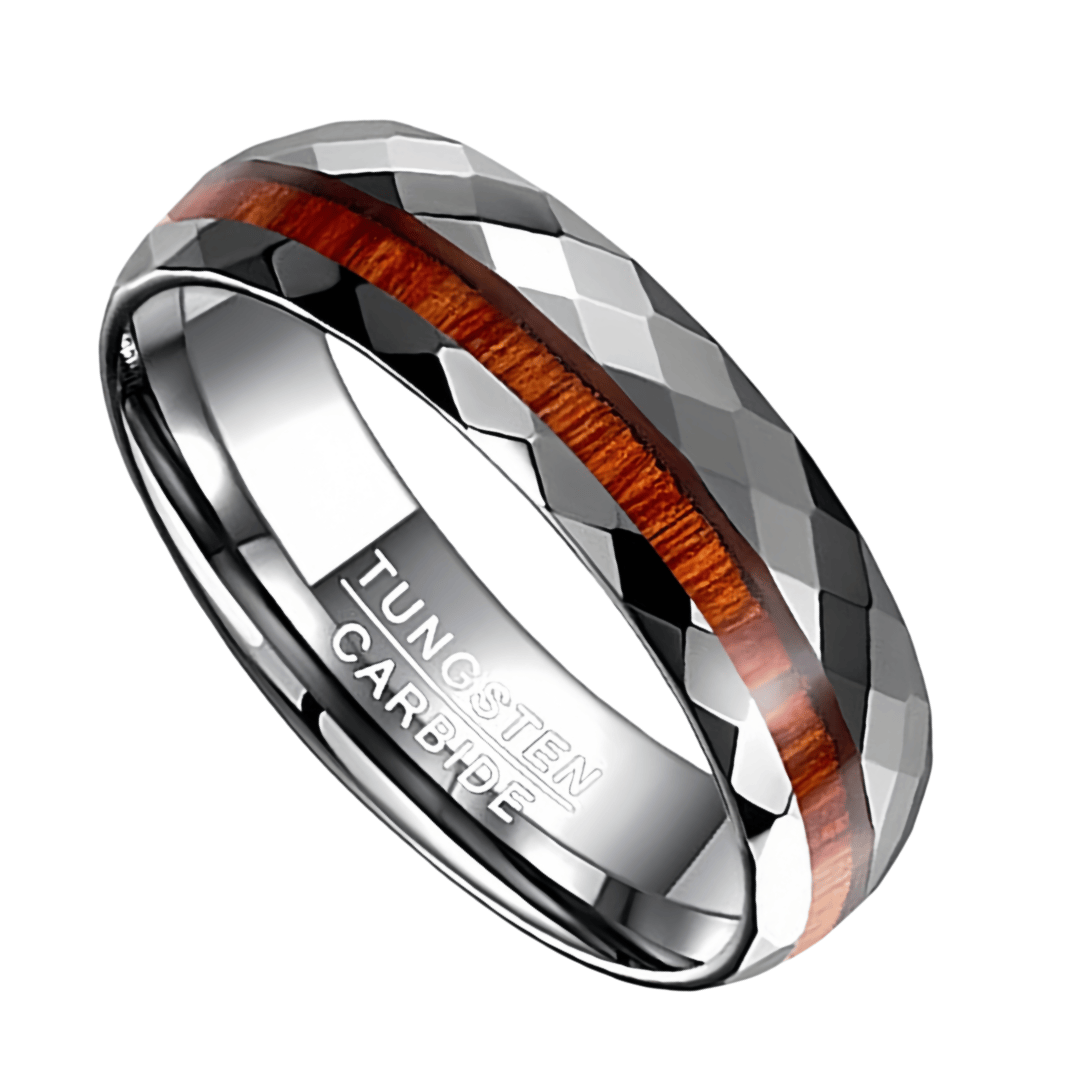 8MM Tungsten Outdoorsman Fisherman Silver Wedding Ring, top Satin Finish With Genuine Wood Inlay, Free Inside Engraving