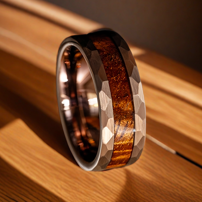 8mm Rose Gold Tungsten Hammered Edge Nordic Wood Ring | Men's Wedding Bands