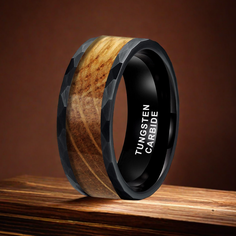 8mm Black Tungsten Hammered Edge Nordic Wood Men's Ring |  Men's Wedding Bands