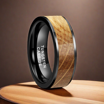 8mm Black Tungsten Smooth Edge Nordic Wood Ring | Men's Wedding Bands