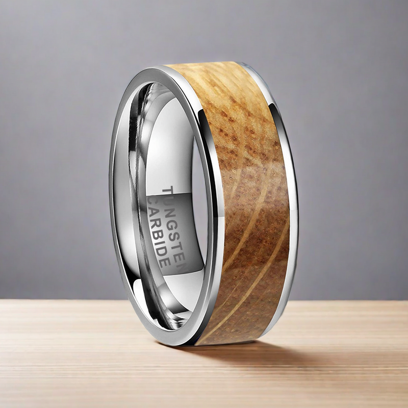 8mm Silver Tungsten Smooth Edge Nordic Wood Ring | Men's Wedding Bands