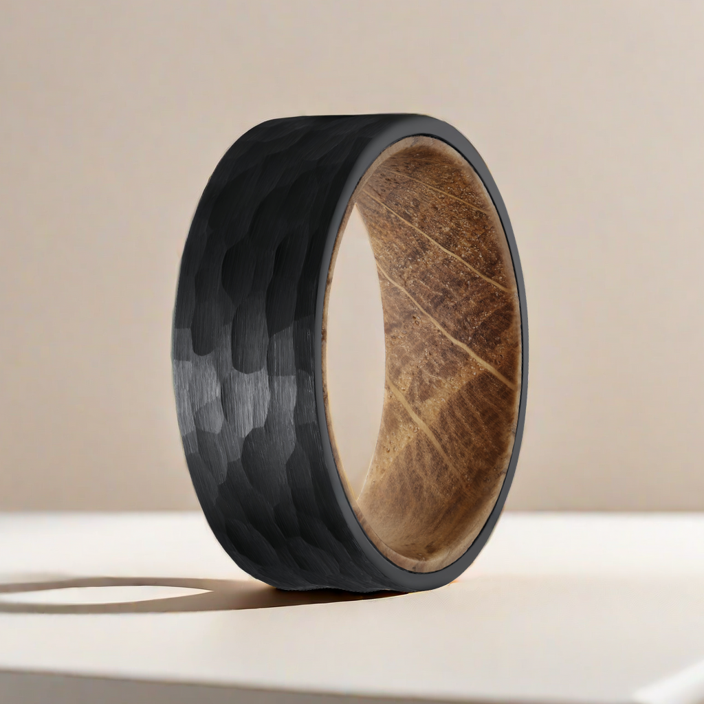 8mm Black Tungsten Hammer Nordic Wood Ring | Men's Wedding Bands