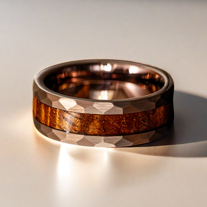 8mm Rose Gold Tungsten Hammered Edge Nordic Wood Ring | Men's Wedding Bands