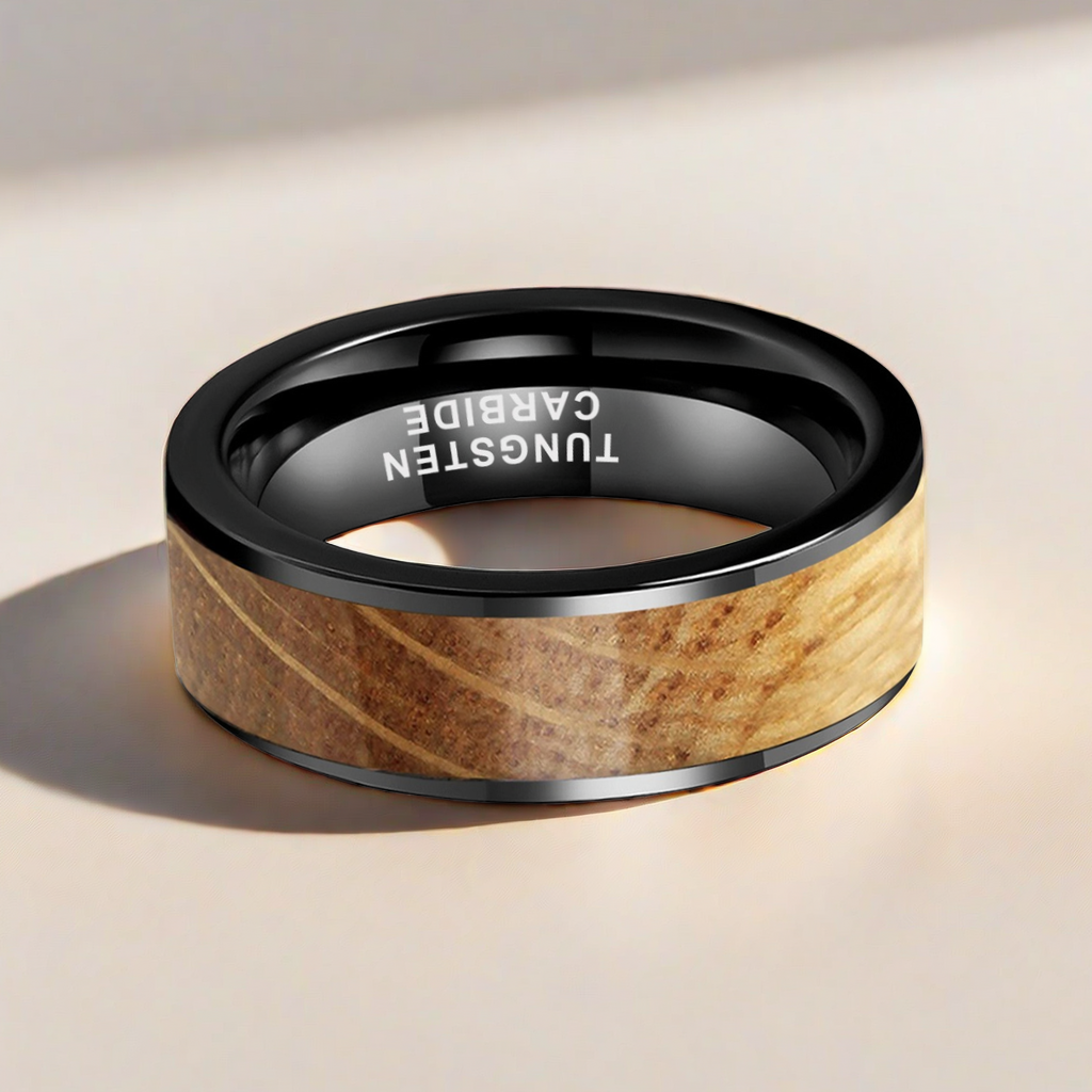 8mm Black Tungsten Smooth Edge Nordic Wood Ring | Men's Wedding Bands