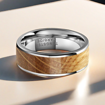 8mm Silver Tungsten Smooth Edge Nordic Wood Ring | Men's Wedding Bands