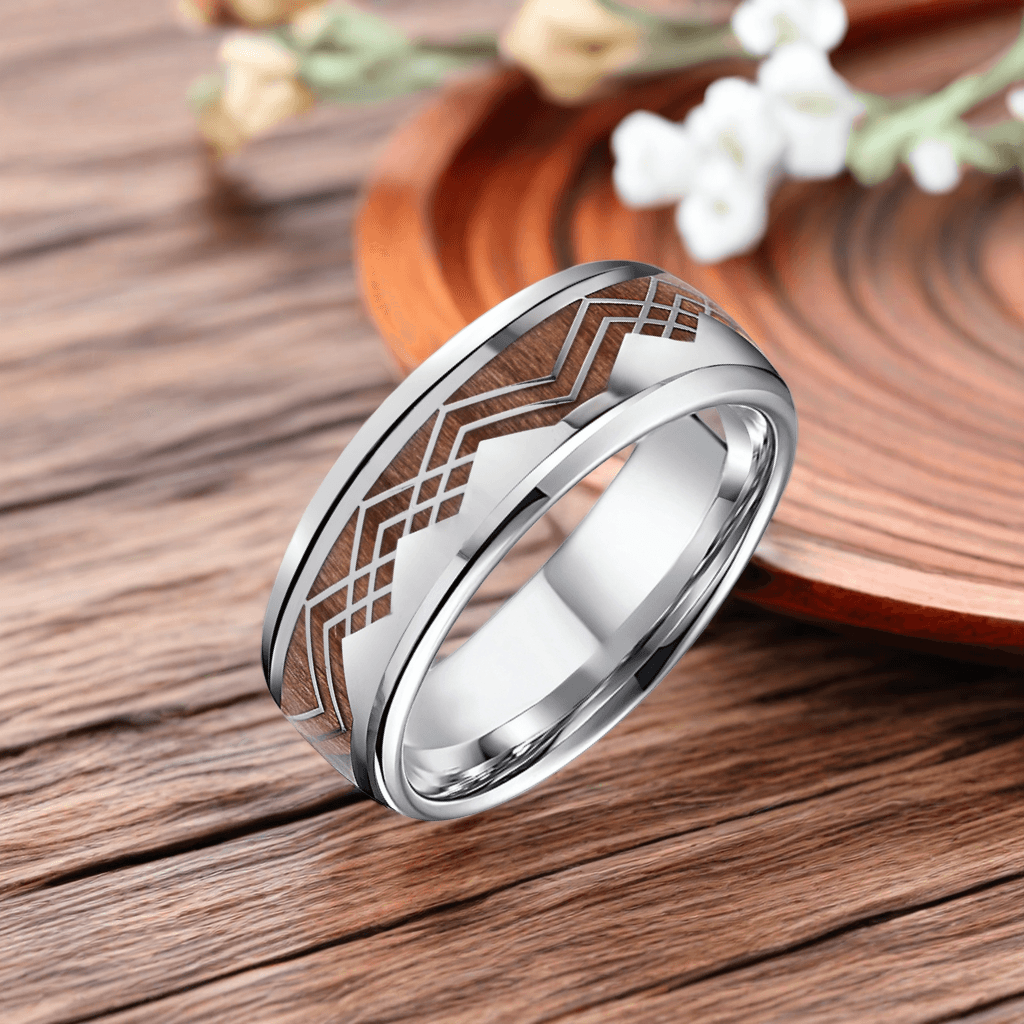 8mm Titanium Barrel Wood Mountain and Sea Wood Ring | Men's Wedding Bands