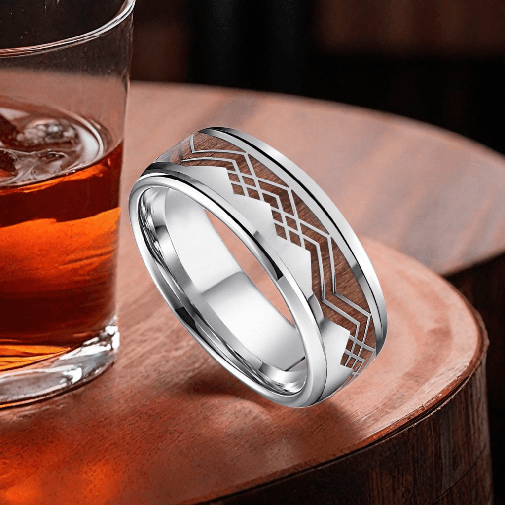 8mm Titanium Barrel Wood Mountain and Sea Wood Ring | Men's Wedding Bands