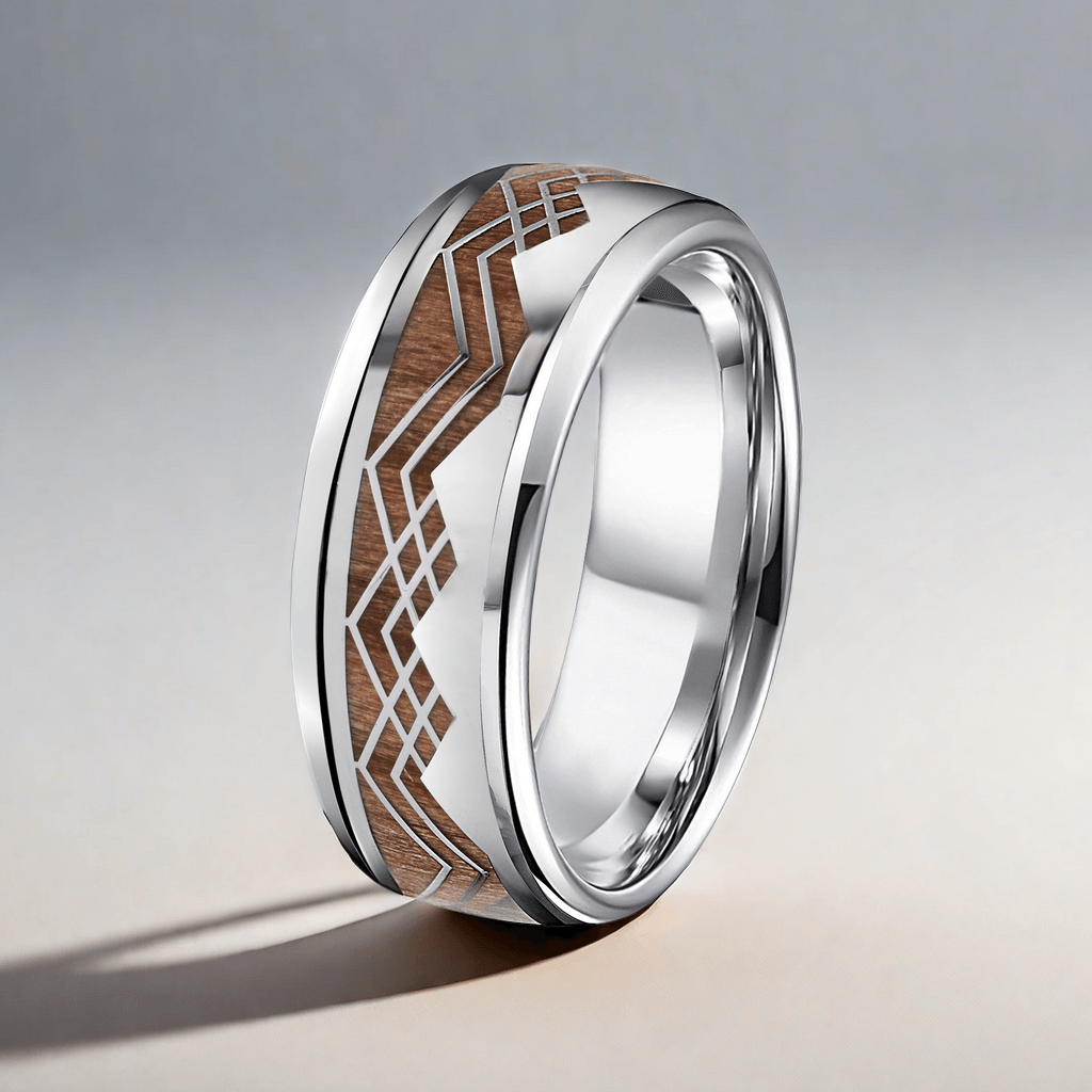 8mm Titanium Barrel Wood Mountain and Sea Wood Ring | Men's Wedding Bands