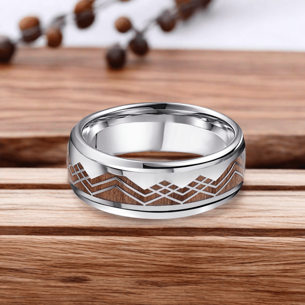 8mm Titanium Barrel Wood Mountain and Sea Wood Ring | Men's Wedding Bands