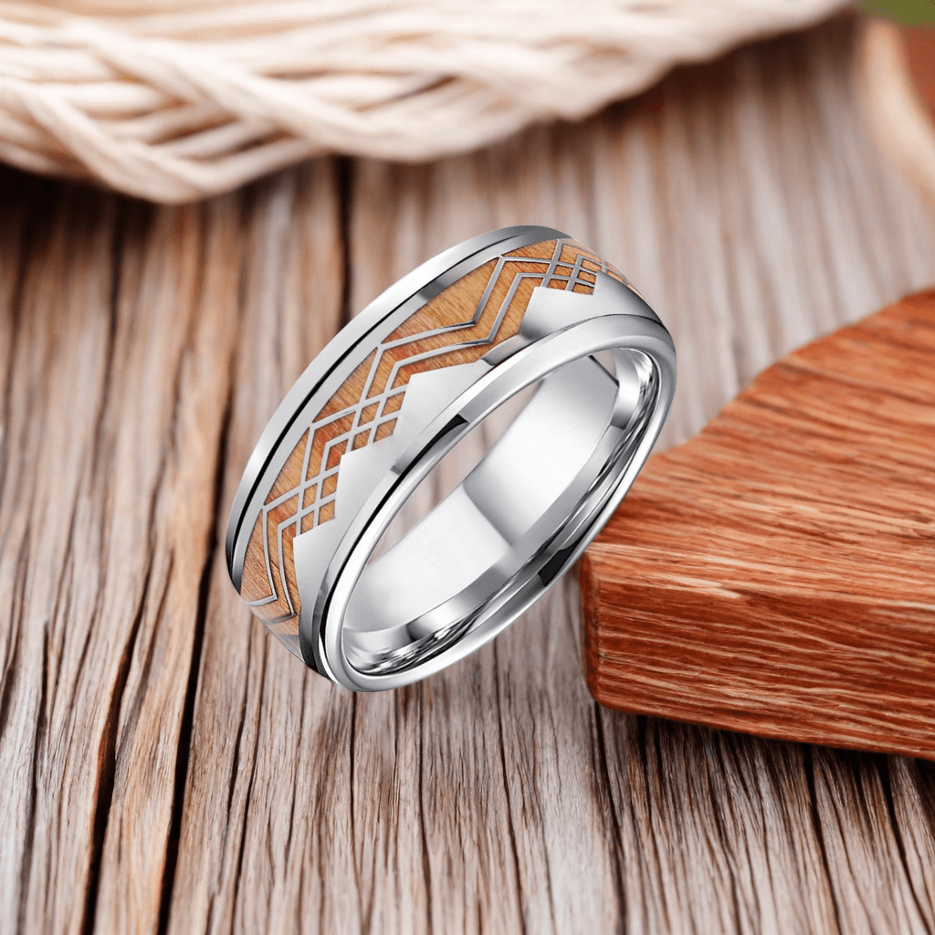 8mm Titanium Apricot Yellow Mountain and Sea Wood Ring | Men's Wedding Bands