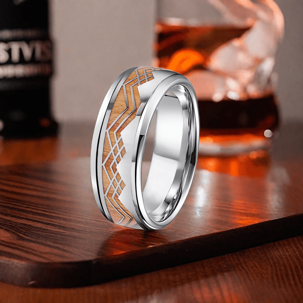 8mm Titanium Apricot Yellow Mountain and Sea Wood Ring | Men's Wedding Bands