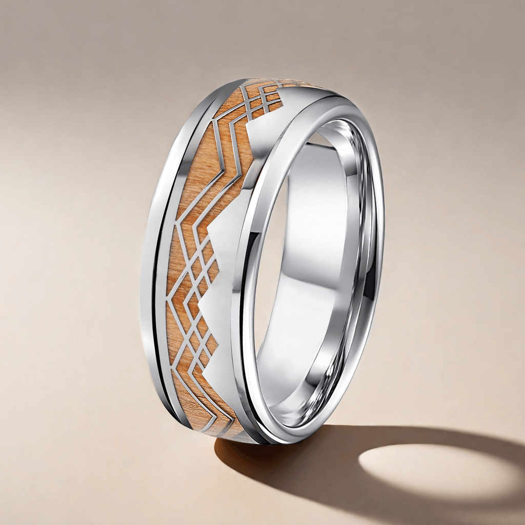 8mm Titanium Apricot Yellow Mountain and Sea Wood Ring | Men's Wedding Bands