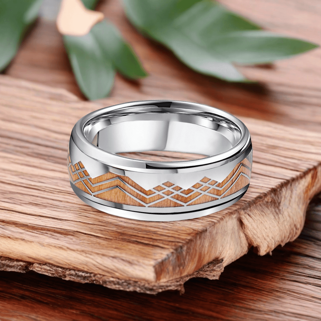 8mm Titanium Apricot Yellow Mountain and Sea Wood Ring | Men's Wedding Bands