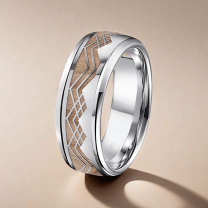 8mm Silver Titanium Oak Wood Mountain and Sea Wood Ring | Men's Wedding Bands