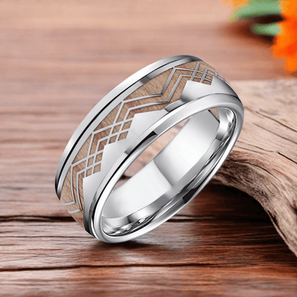 8mm Silver Titanium Oak Wood Mountain and Sea Wood Ring | Men's Wedding Bands