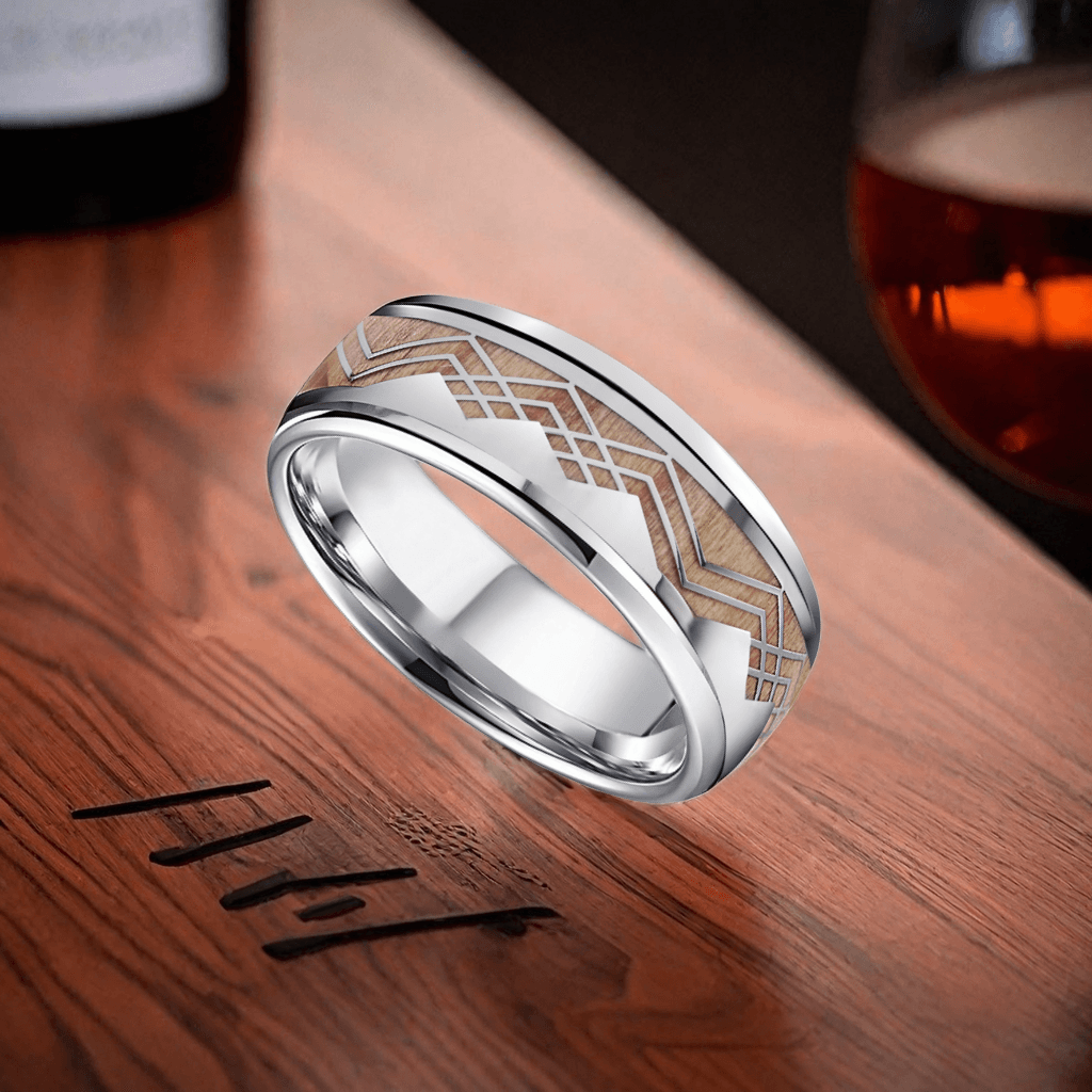 8mm Silver Titanium Oak Wood Mountain and Sea Wood Ring | Men's Wedding Bands