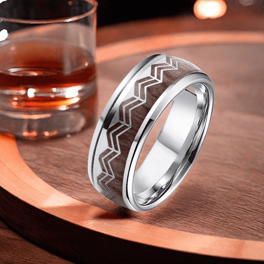 8mm Titanium Barrel Wood Wave Wood Ring | Men's Wedding Bands