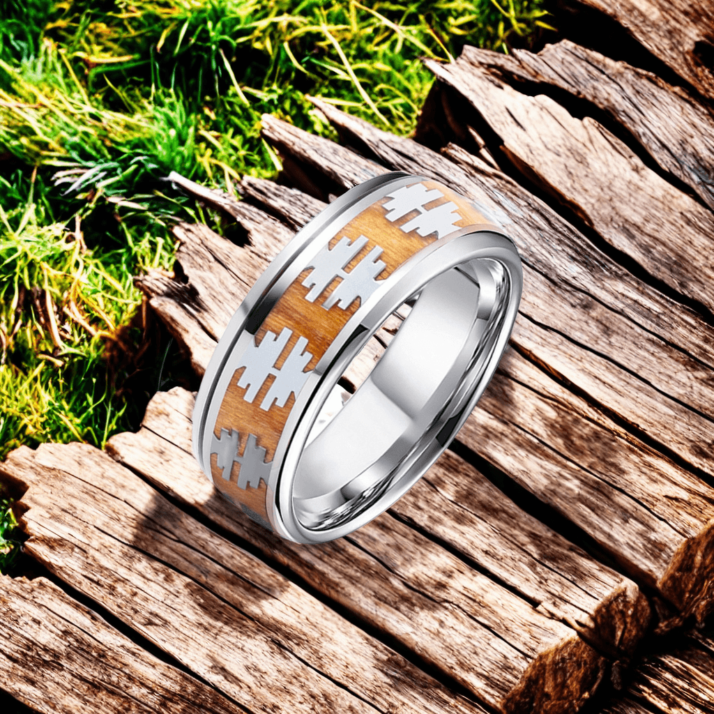 8mm Silver Titanium Apricot Yellow Tree Pattern Wood Ring | Men's Wedding Bands