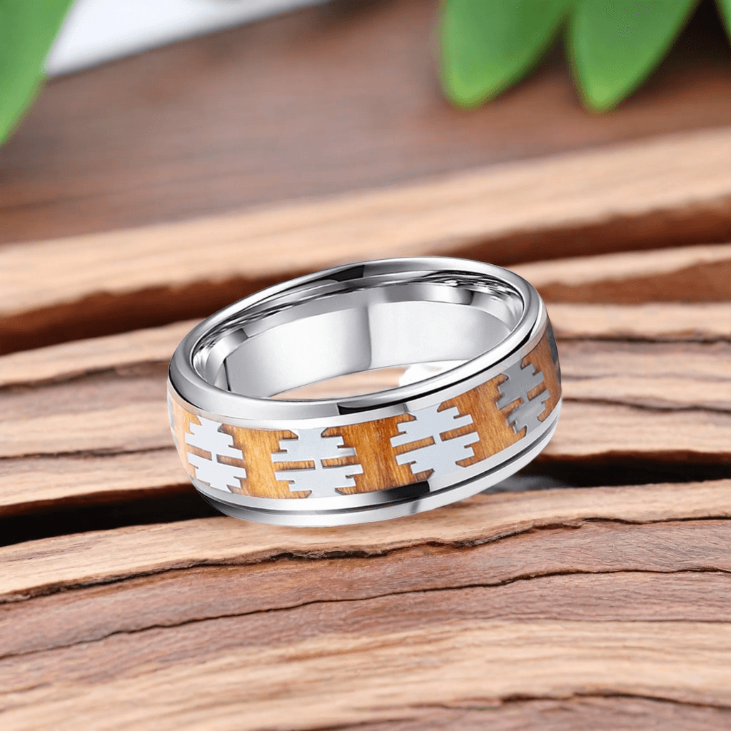 8mm Silver Titanium Apricot Yellow Tree Pattern Wood Ring | Men's Wedding Bands