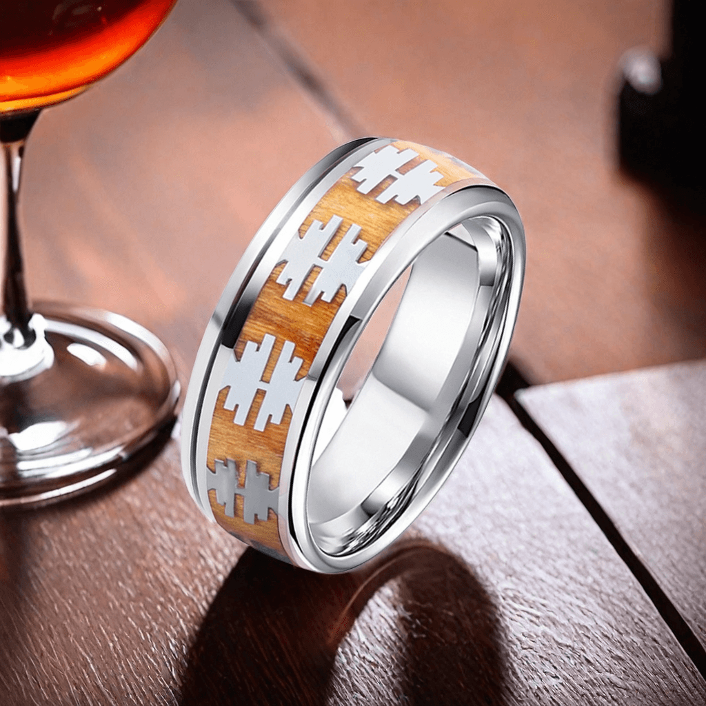 8mm Silver Titanium Apricot Yellow Tree Pattern Wood Ring | Men's Wedding Bands