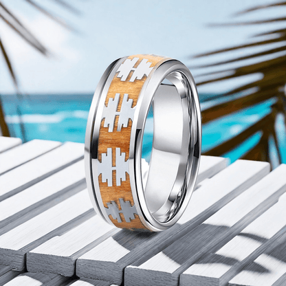 8mm Silver Titanium Apricot Yellow Tree Pattern Wood Ring | Men's Wedding Bands