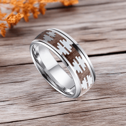 8mm Silver Titanium Barrel Wood Tree Pattern Wood Ring | Men's Wedding Bands