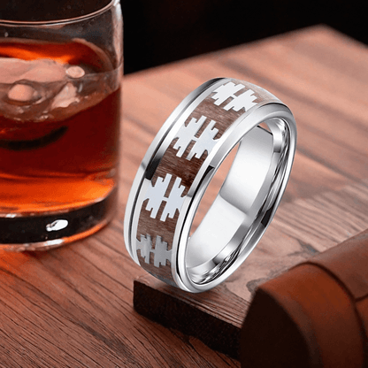 8mm Silver Titanium Barrel Wood Tree Pattern Wood Ring | Men's Wedding Bands