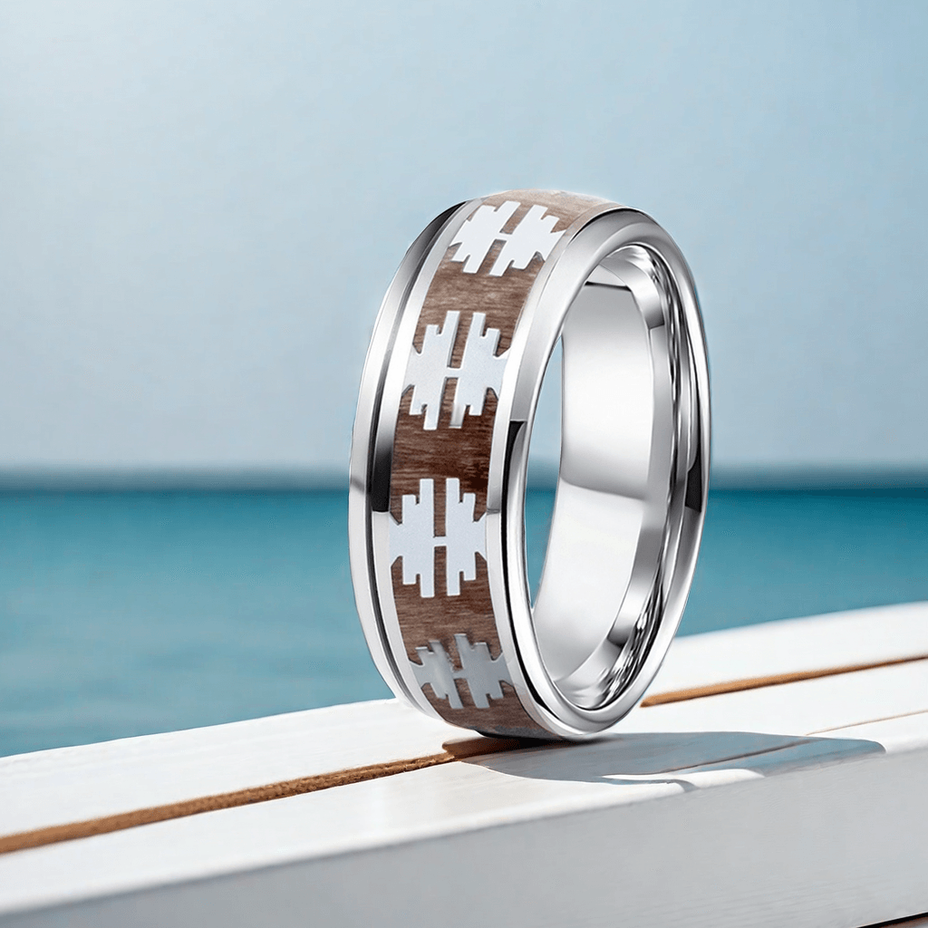 8mm Silver Titanium Barrel Wood Tree Pattern Wood Ring | Men's Wedding Bands