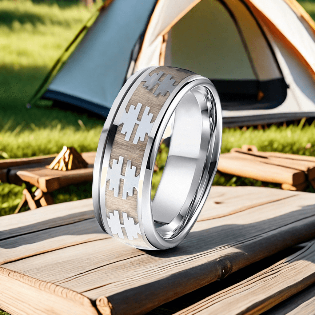 8mm Silver Titanium Oak Wood Tree Pattern Wood Ring | Men's Wedding Bands