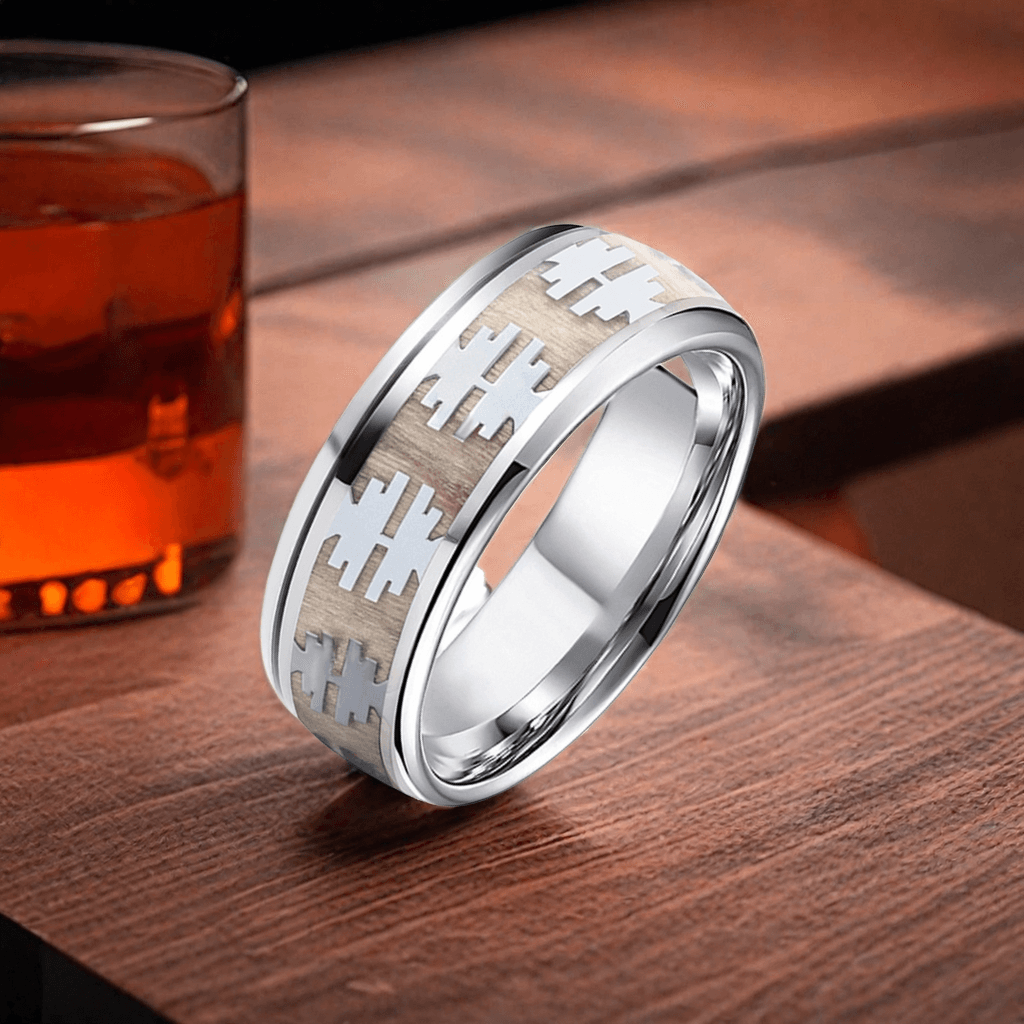 8mm Silver Titanium Oak Wood Tree Pattern Wood Ring | Men's Wedding Bands