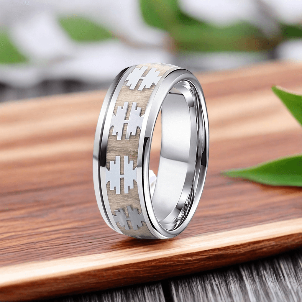 8mm Silver Titanium Oak Wood Tree Pattern Wood Ring | Men's Wedding Bands