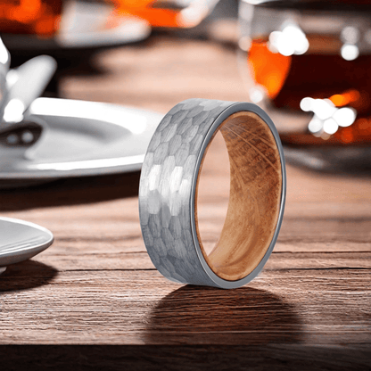 8mm Silver Gray Tungsten Hammer Nordic Wood Ring | Men's Wedding Bands