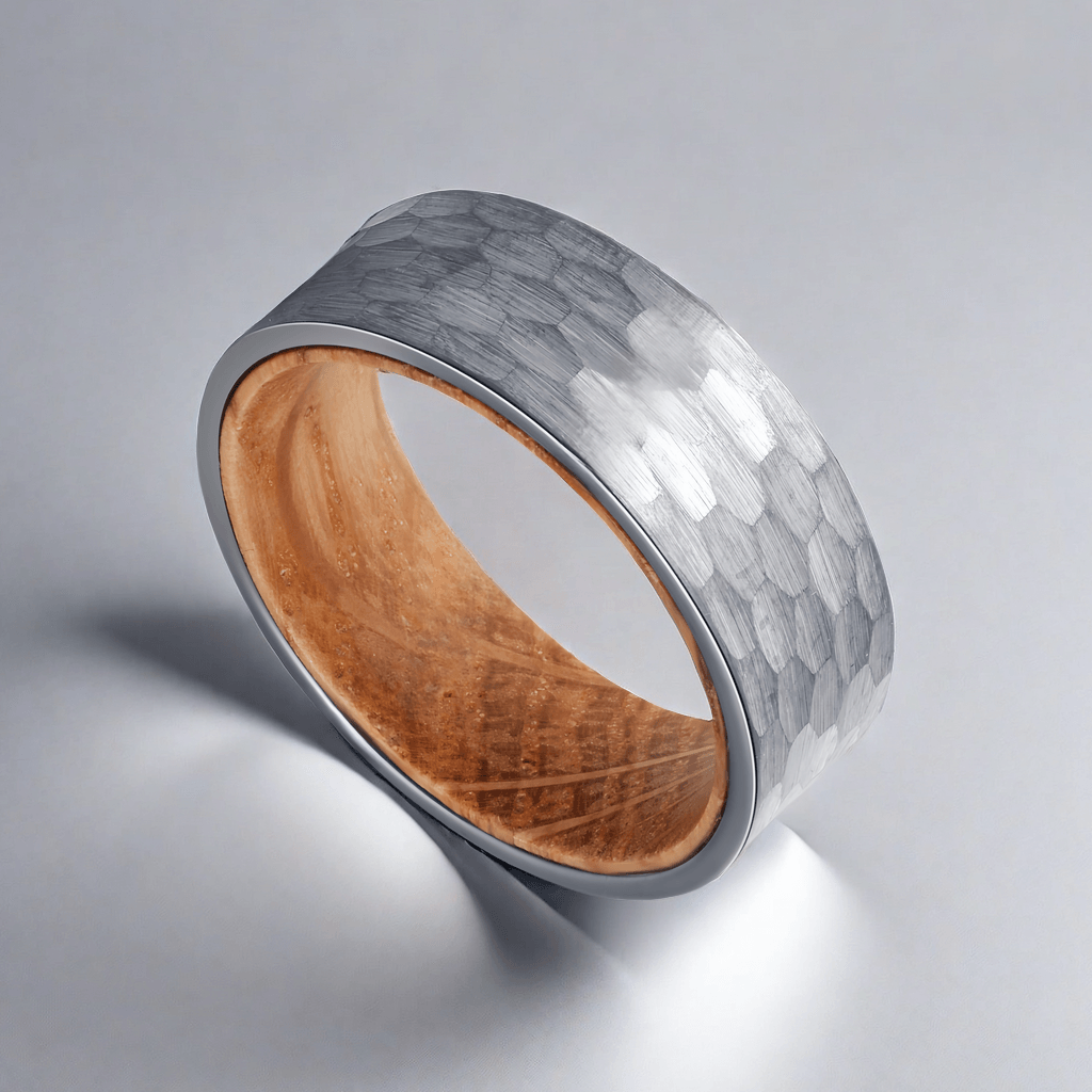 8mm Silver Gray Tungsten Hammer Nordic Wood Ring | Men's Wedding Bands