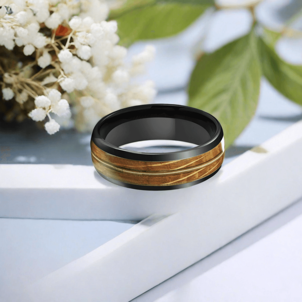 8mm Black Tungsten Gold Guitar String Nordic Wood Ring |  Men's Wedding Bands