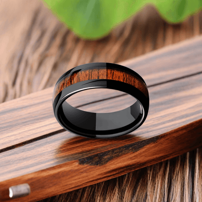 8mm Black Tungsten Domed Nordic Wood Ring | Men's Wedding Bands