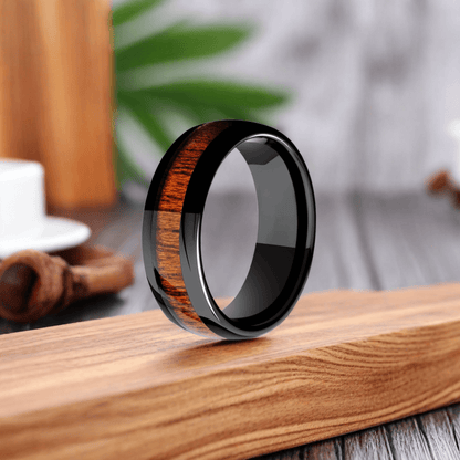 8mm Black Tungsten Domed Nordic Wood Ring | Men's Wedding Bands