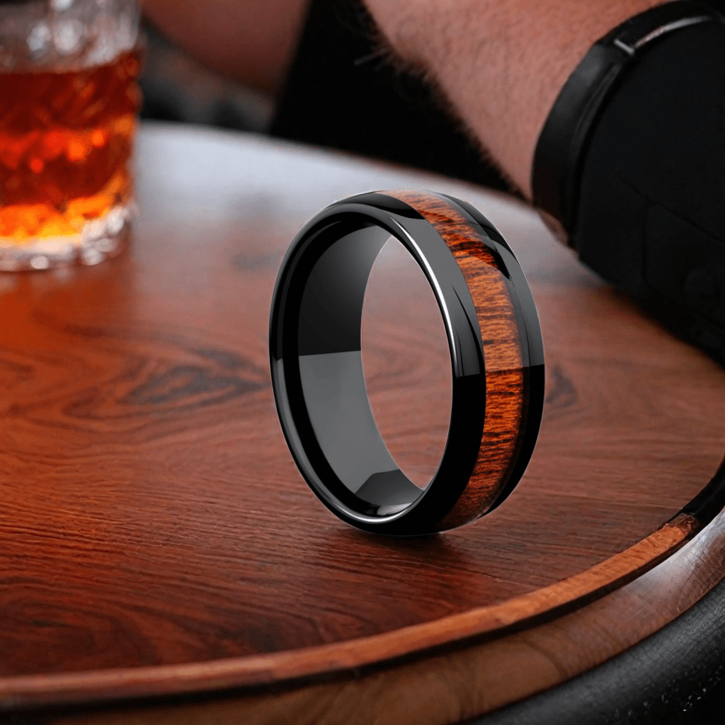 8mm Black Tungsten Domed Nordic Wood Ring | Men's Wedding Bands