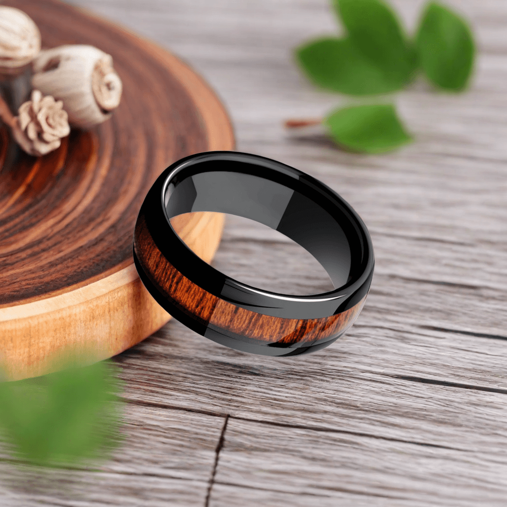 8mm Black Tungsten Domed Nordic Wood Ring | Men's Wedding Bands