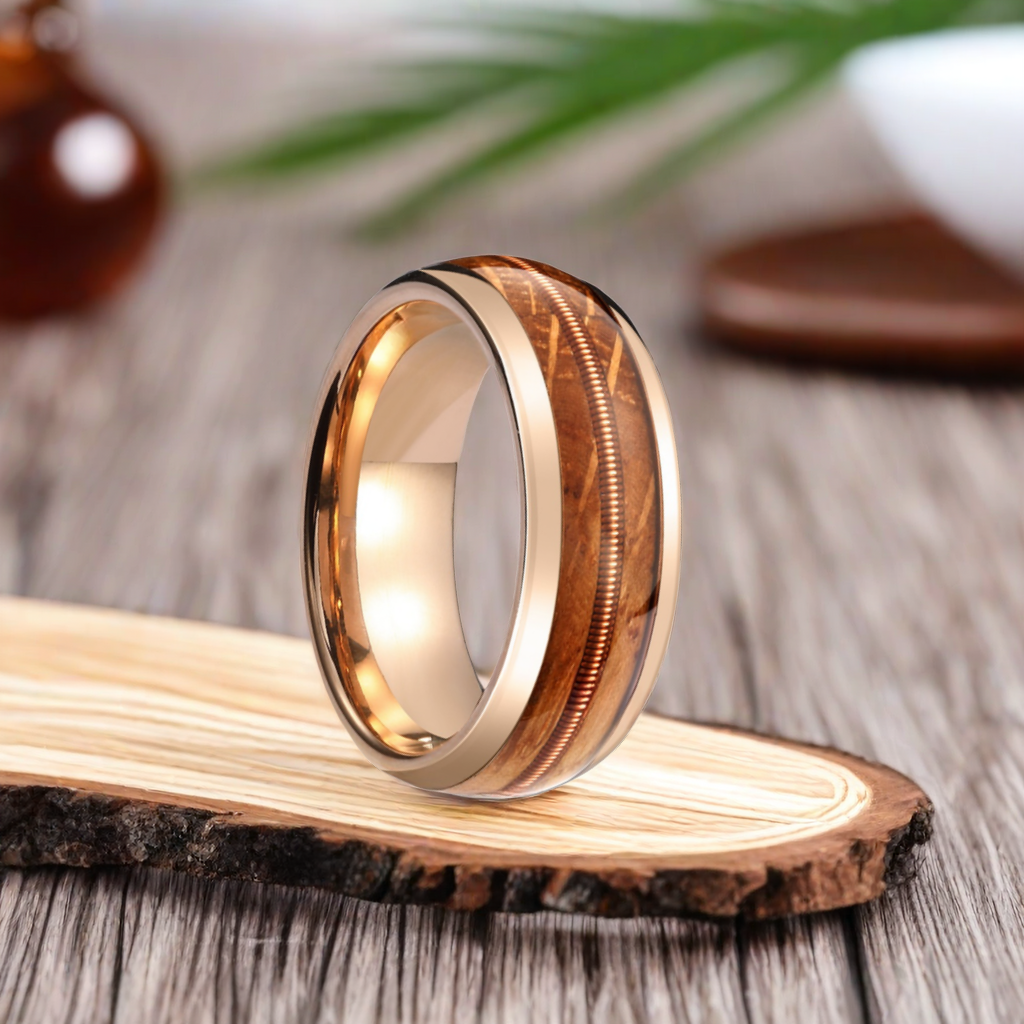 8mm Normcore Tungsten Rose Gold Guitar String Nordic Wood Ring |  Men's Wedding Bands