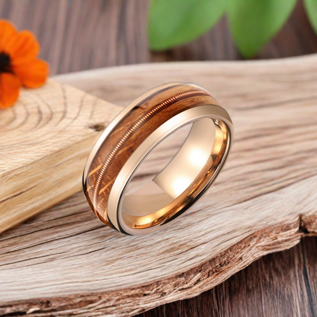 8mm Normcore Tungsten Rose Gold Guitar String Nordic Wood Ring |  Men's Wedding Bands