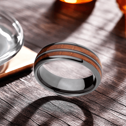 8mm Normcore Black Gray Tungsten Guitar String Nordic Wood Ring |  Men's Wedding Bands