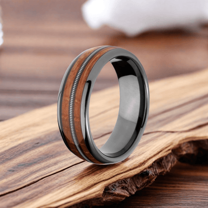 8mm Normcore Black Gray Tungsten Guitar String Nordic Wood Ring |  Men's Wedding Bands