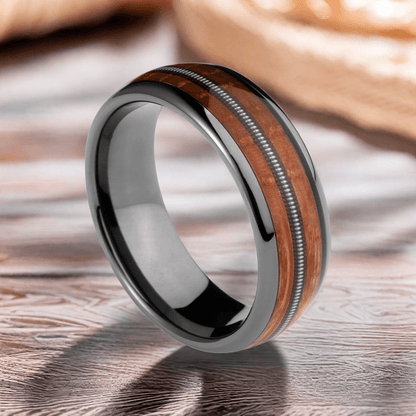 8mm Normcore Black Gray Tungsten Guitar String Nordic Wood Ring |  Men's Wedding Bands