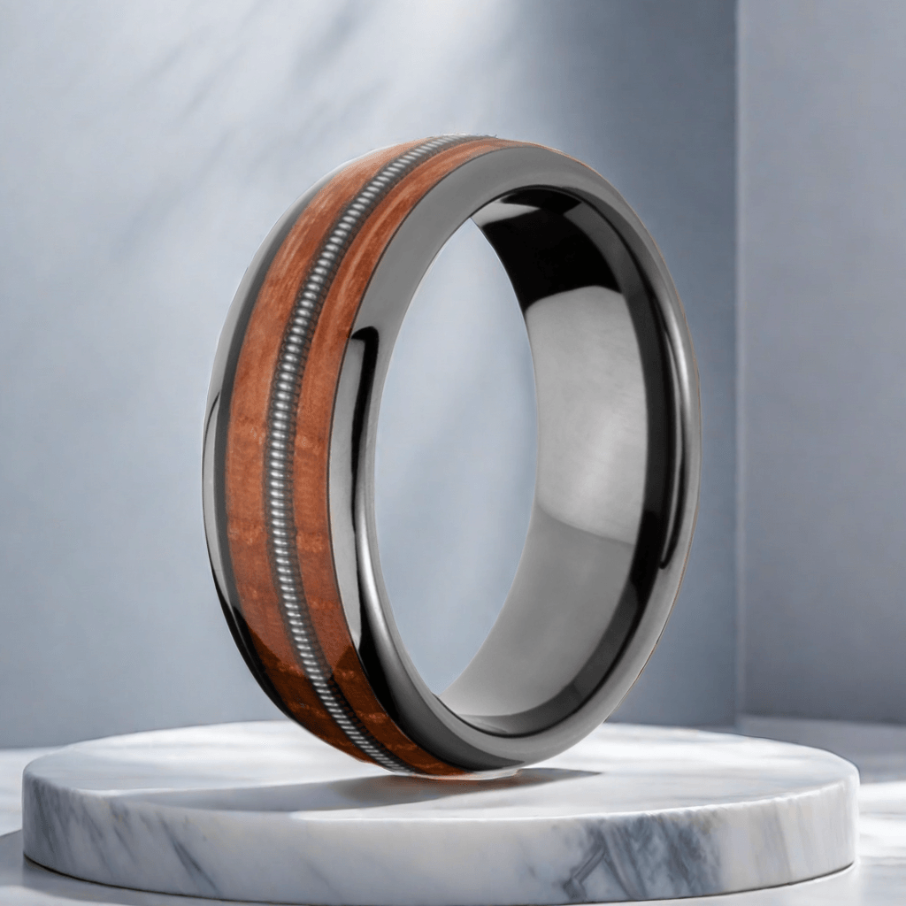 8mm Normcore Black Gray Tungsten Guitar String Nordic Wood Ring |  Men's Wedding Bands