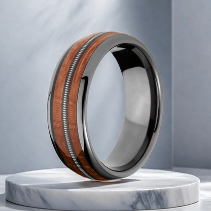 8mm Normcore Black Gray Tungsten Guitar String Nordic Wood Ring |  Men's Wedding Bands