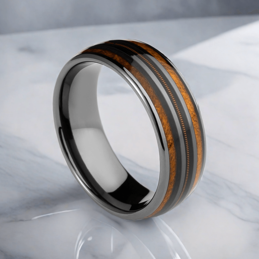 8mm Black Gray Tungsten Guitar String Nordic Wood Inlay Ring |  Men's Wedding Bands