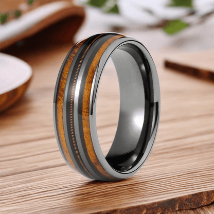 8mm Black Gray Tungsten Guitar String Nordic Wood Inlay Ring |  Men's Wedding Bands