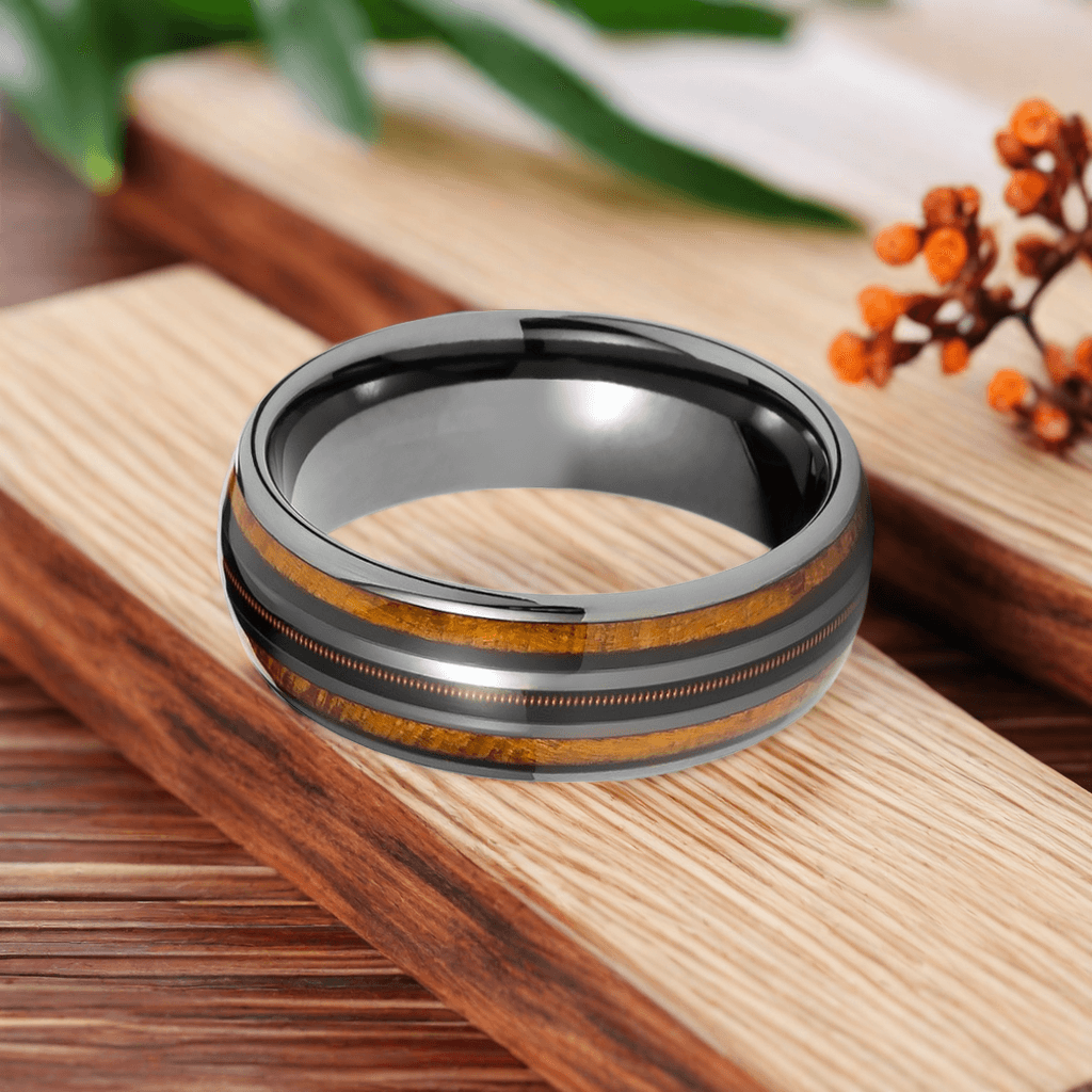 8mm Black Gray Tungsten Guitar String Nordic Wood Inlay Ring |  Men's Wedding Bands