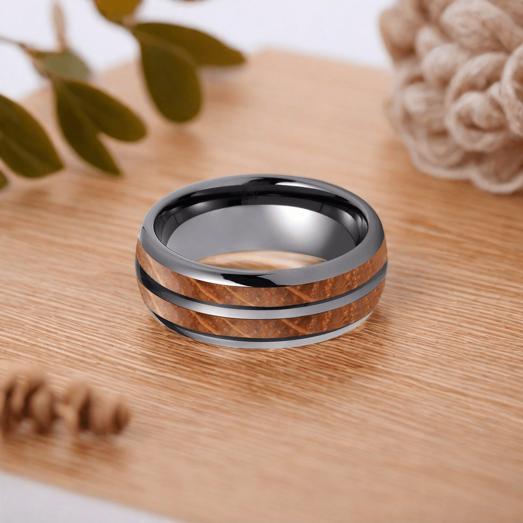 8mm Black Gray Tungsten Nordic Barrel Wood Ring | Men's Wedding Bands