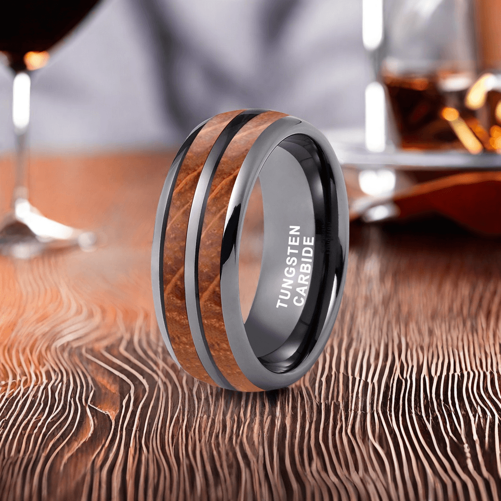 8mm Black Gray Tungsten Nordic Barrel Wood Ring | Men's Wedding Bands